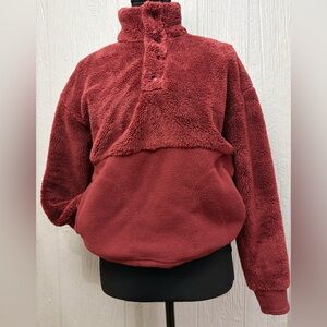 All in Motion Pullover Sweatshirt Women's Snap Front Cozy Sherpa Burgundy Sz XS